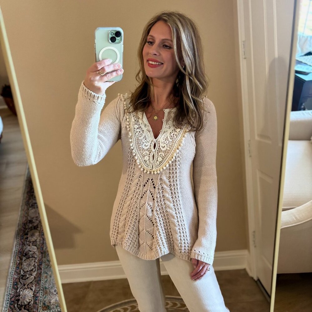 Anthropologie Angel Of The North Lace Detail Cable Knit Sweater Beige